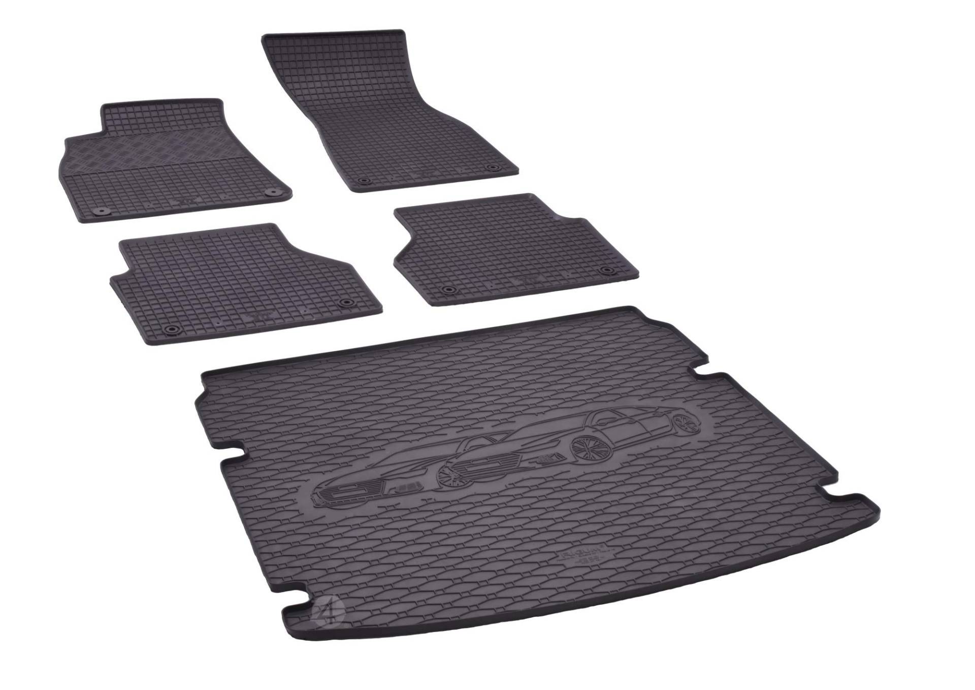 Kofferraumwanne und Gummifußmatten passgenau geeignet für Audi A6 ab 2018 Farbe Schwarz + Gurtschoner von Rigum