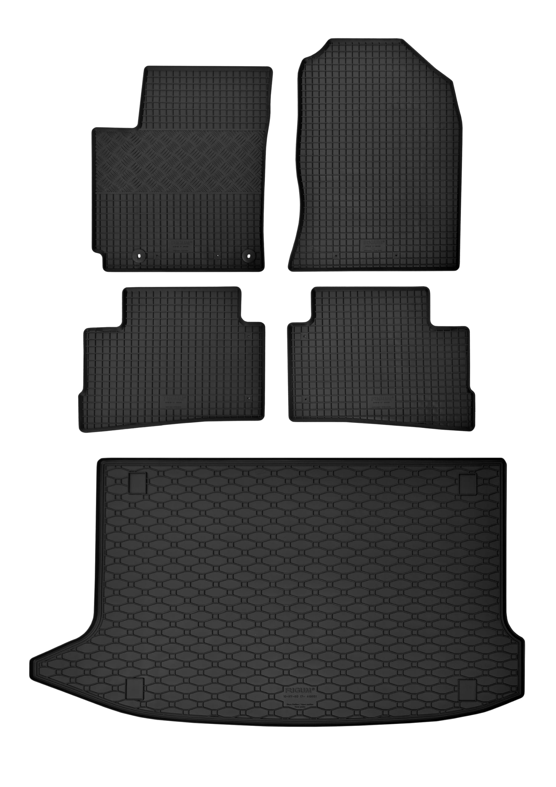 Passgenaue Kofferraumwanne und Gummifußmatten geeignet für Hyundai Kona ab 2017 bis 2023 + Gurtschoner von Rigum