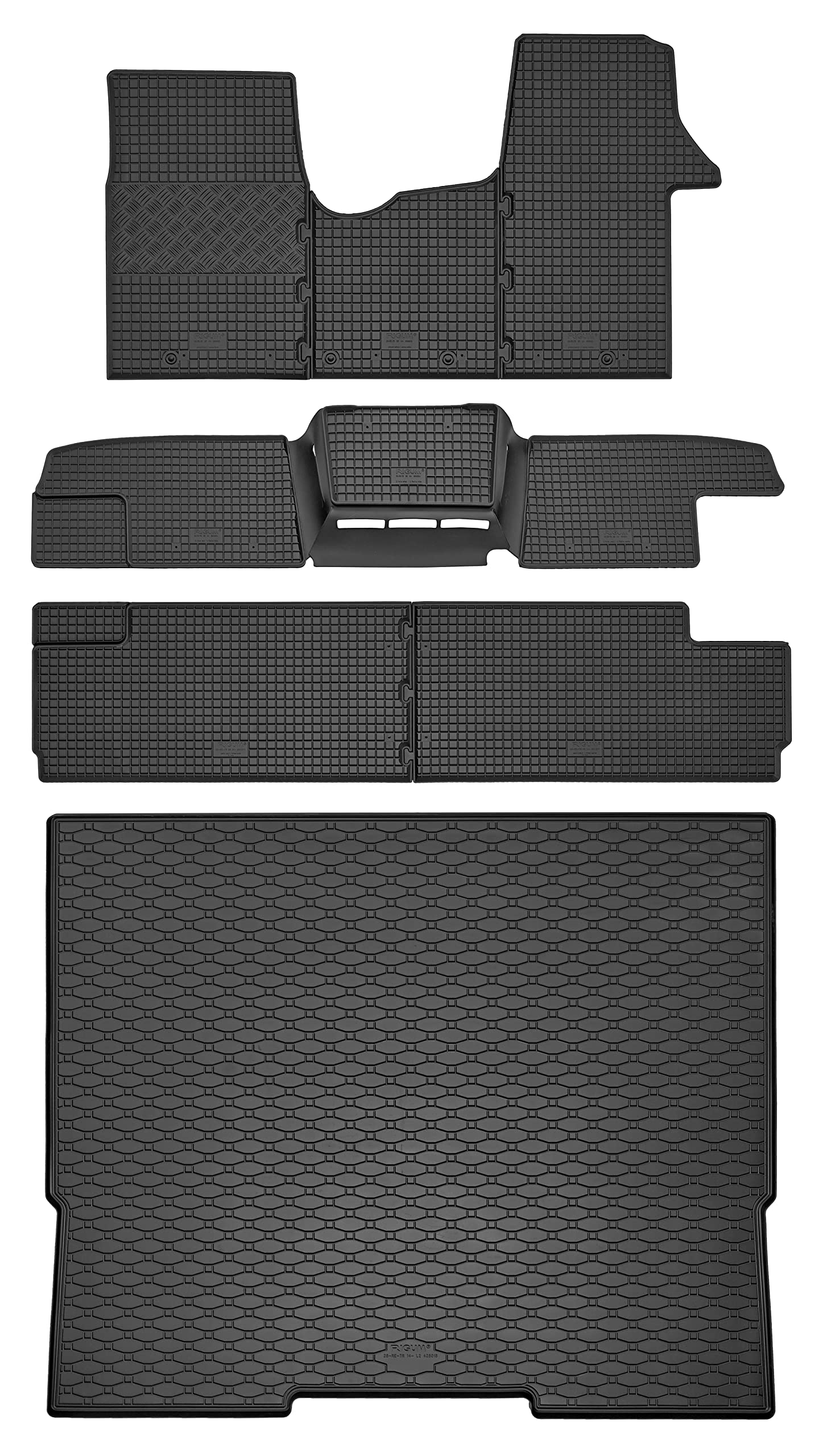 Passgenaue Kofferraumwanne und Gummifußmatten geeignet für OPEL Vivaro B ab 2014 bis 2019 L2 + Gurtschoner von Rigum