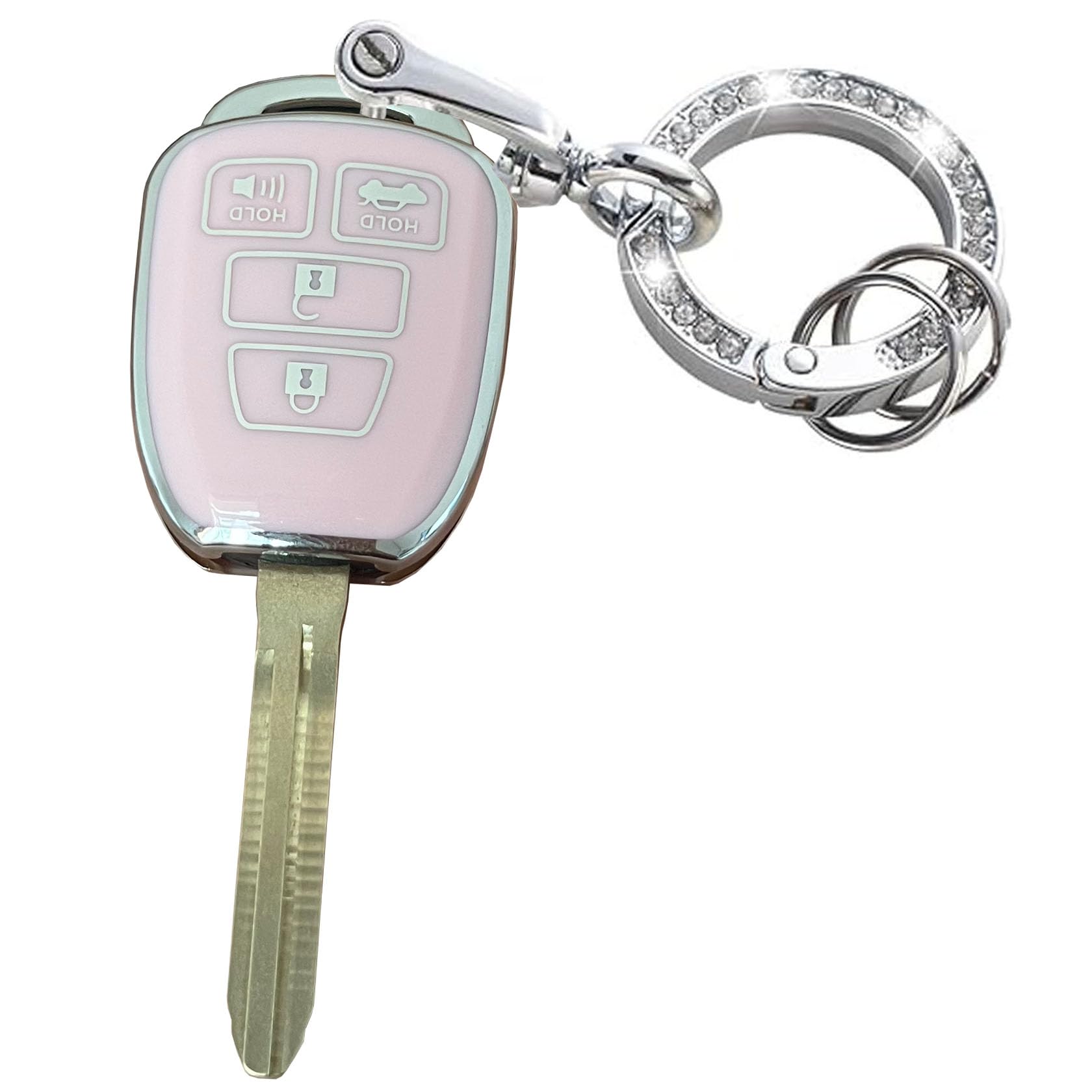Rilnaewn Schlüssellose Zugangssysteme für Toyota-Schlüsselanhänger-Abdeckung, passend für Toyota Camry Corolla Highlander Rav4 Smart Key (4-Tasten, Rosa, Silber) von Rilnaewn