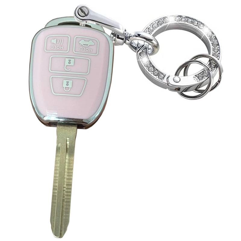 Rilnaewn Schlüssellose Zugangssysteme für Toyota-Schlüsselanhänger-Abdeckung, passend für Toyota Camry Corolla Highlander Rav4 Smart Key (4-Tasten, Rosa, Silber) von Rilnaewn