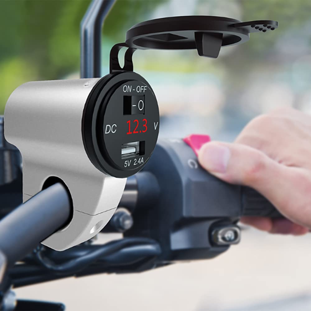Riloer 2.4A Motorrad-Aluminiumlegierung Wasserdichtes einzelnes USB-Handy-Ladegerät mit Schalter Voltmeter, Motorrad-Aluminiumlegierungs-Telefon-Ladegerät,Silber von Riloer