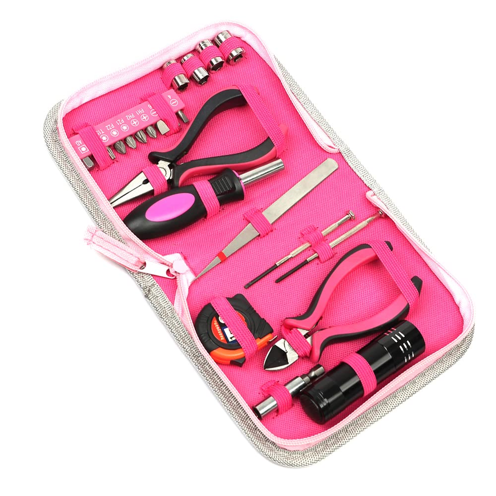 Riloer 23-teiliges rosafarbenes Werkzeugset für Damen, Schraubendreher Haushaltswerkzeug, Rosa Multifunktions-Reparatur-Tool-Kit, Zange Schraube Maßband Werkzeug von Riloer