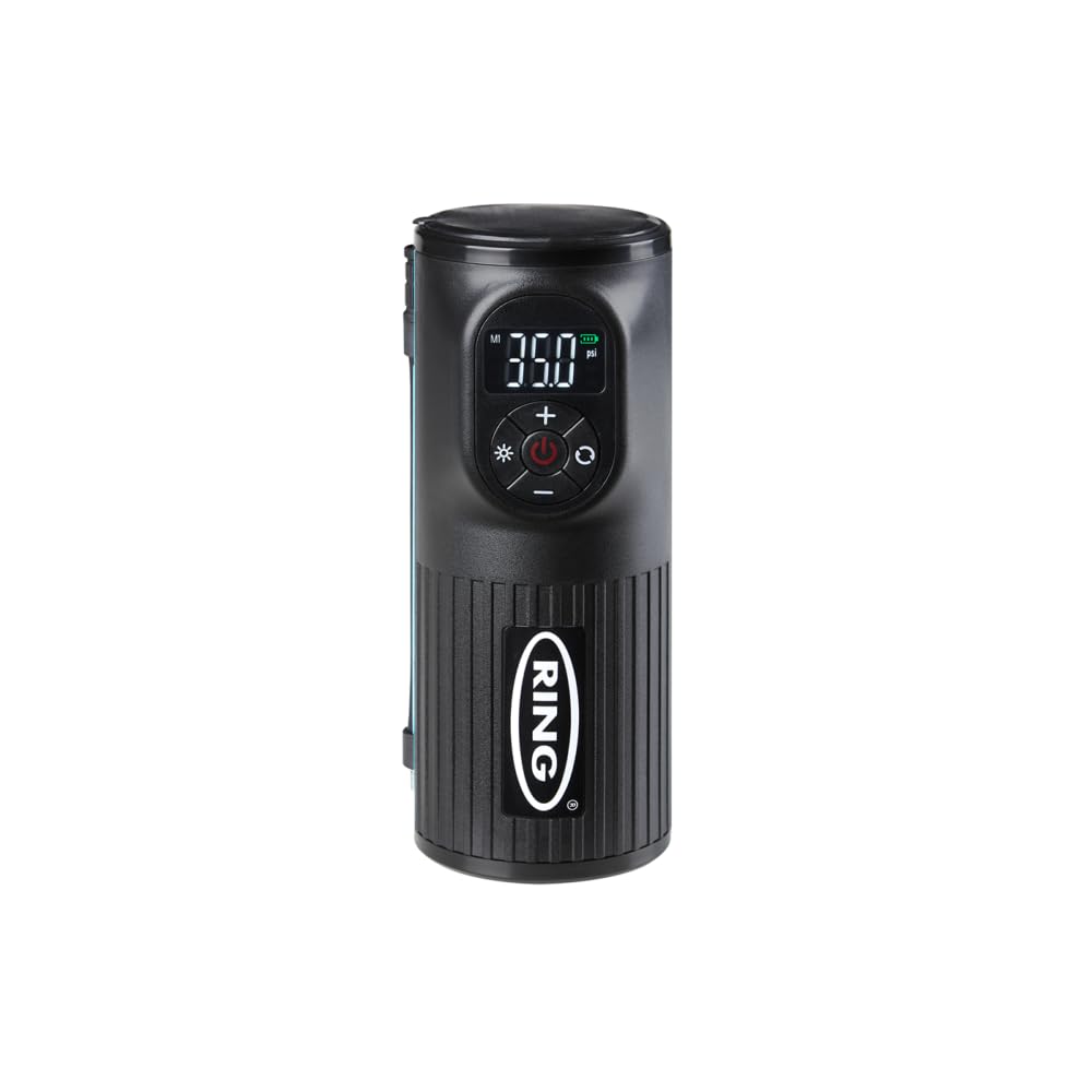 Ring Automotive - RTC2000 Digitaler wiederaufladbarer kabelloser Reifenfüller, Luftkompressor und elektrische Fahrradpumpe mit Manometer, Memory-LED-Licht, Powerbank und Adapter-Set, schwarz von Ring