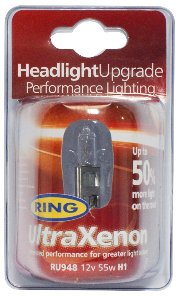 Ring Automotive Ultra Xenon Halogenscheinwerferlampe RU948, 12°V, 55°W, H1, P14.5S, mit 50°% mehr Licht von Ring Automotive