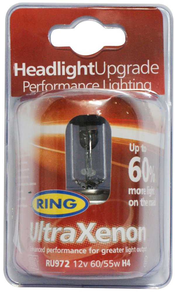 Ring Automotive Ultra Xenon Halogenscheinwerferlampe RU972, 12°V, 60°/°55°W, H4, P43T, mit 60°% mehr Licht von Ring Automotive