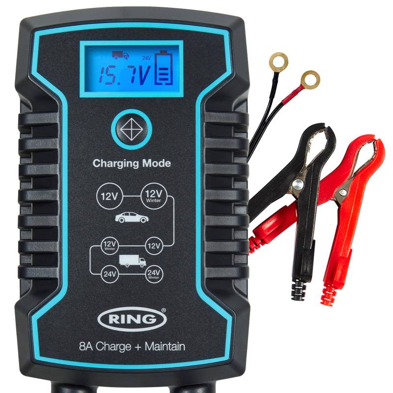 Ring Automotive RSC808, 8 Amp Batterieladegerät und Maintainer, 12 V & 24 V Smart Charger, kompatibel mit Stop-Start-Autos, Motorrädern, Vans, SUVs und LGV. von Ring