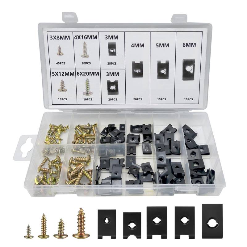 180 Stück Kfz Schraube Mutter Clip Kit, einschließlich 90 Stk Kreuzkopf Karosserieschrauben, 90 Stk U Typ Auto Befestigung Clips, Kotflügelclip Blechmuttern Schrauben Karosserie-Klemmen für Auto Kfz von Rixotix