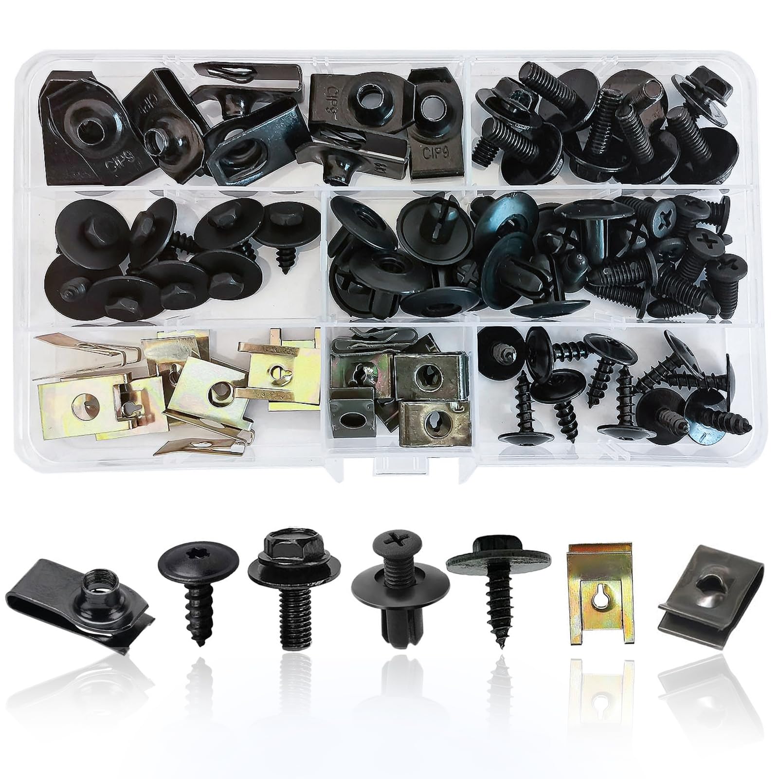64 Sätze Blechmutter Schraube Mutter Clip Kit, Auto Body Undertray Schrauben, Metall U Typ Befestigungsclip, Kotflügelclip Blechmuttern Kunststoff Montage Set 64 Sätze Blechmutter Schraube Mutter Clip Kit, Auto Body Undertray Schrauben, Metall U Typ Befestigungsclip, Kotflügelclip Blechmuttern Kunststoff Montage Set von Rixotix