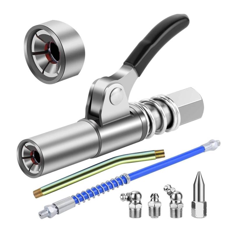 Rixotix 12000 PSI Fettpresse Mundstück Schnelle Veröffentlichung Einhandfettpresse mit 30CM Langen Verbindungsschlauch kompatibel mit Zubehör(Color:Silber) von Rixotix