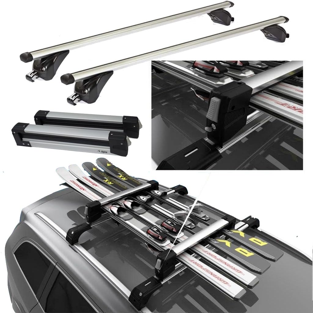 Aluminium-Dachträger + verschiebbarer Skiträger für 4 Paar Ski oder 2 Snowboards für Audi A4 ALLROAD (B8/8K) von 2007 bis 2015 mit integrierter Reling von Rixto