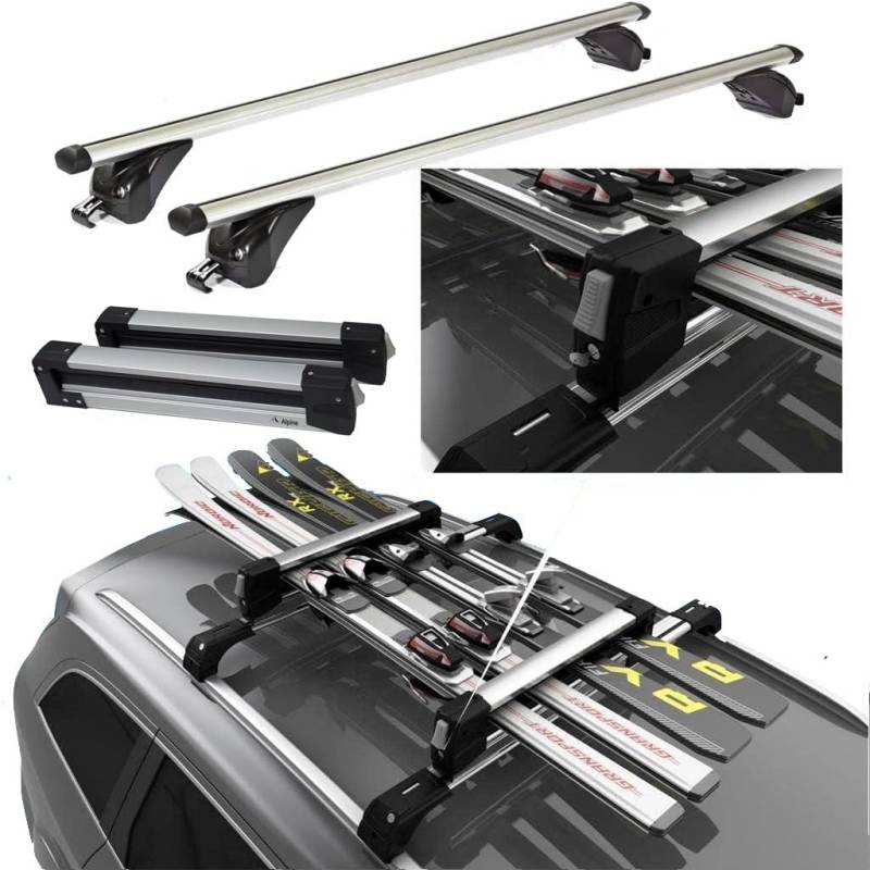 Aluminium-Dachträger + verschiebbarer Skiträger für 4 Paar Ski oder 2 Snowboards für Audi Q5 (8R) von 2008 bis 2014 mit integrierter Reling von Rixto