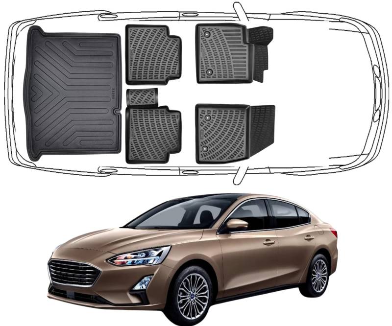 Rizline Passgenau 3D Fussmatten & Kofferraumwanne Auto Set Kompatibel mit Ford Focus 4 SW Obere 2018-2023 Auto Zubehör Gummimatten & Kofferraummatte Autos TPE Allwetter Geruchlos rutschfest Schwarz von Rizline