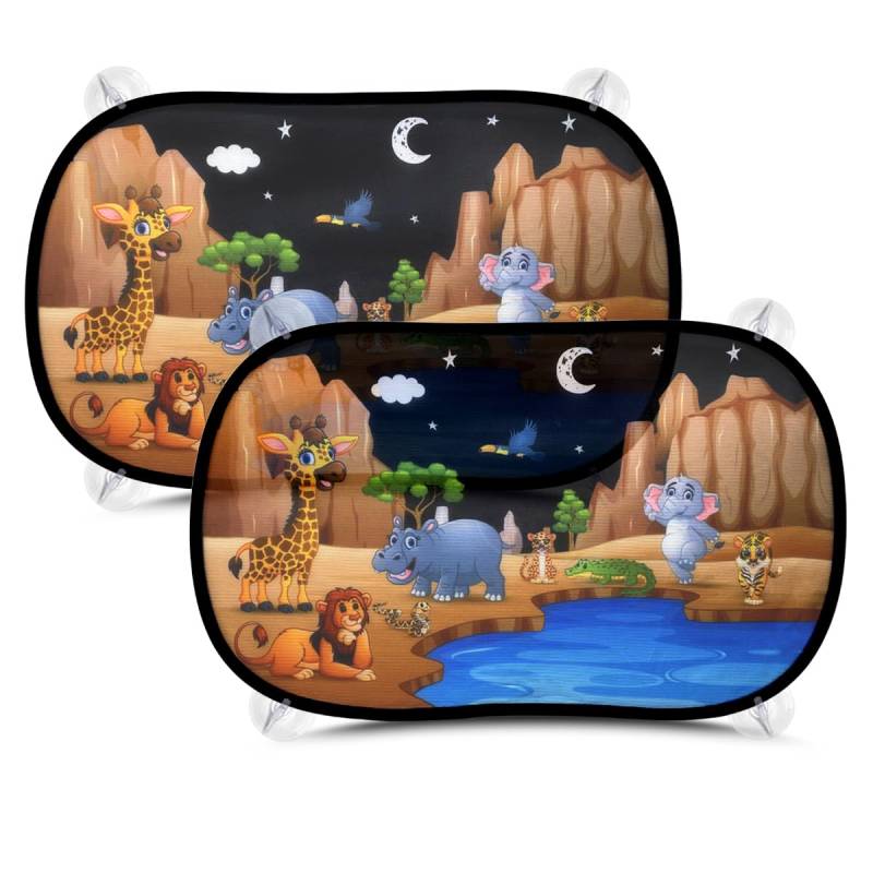 Rluobo Sonnenschutz Auto Baby mit UV Schutz 51x31cm, 2 Stück Sonnenschutz für Auto mit 8 Saugnäpfen Schatten Autofenster Seitenscheibe Motiv Tiere (Nachtaktive Tiere) von Rluobo