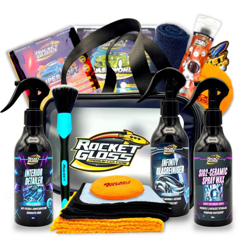 Autopflege Set: Rocket Mini Gloss Bag 10-teilig - Auto Geschenkset - Einsteiger Auto Reinigungsset - Starter Pkw Putzset - klein & kompakt - Innenraumpflege - Mikrofasertücher - Autoduft von Rocket Car Shop