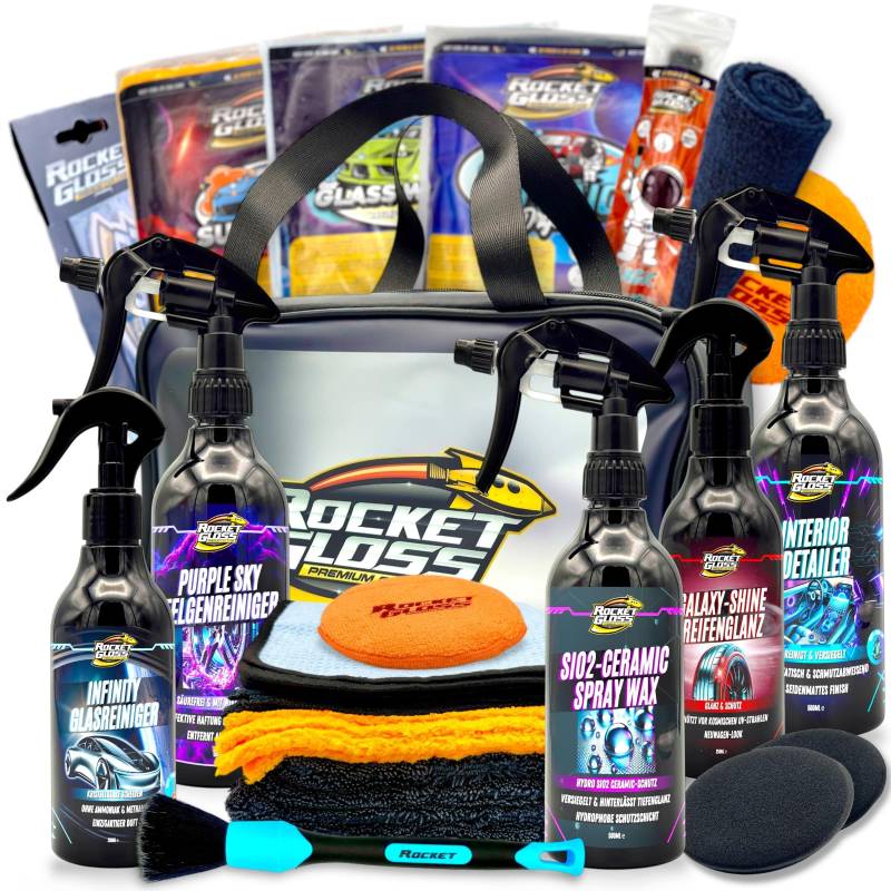 Autopflege Set 16-teilig – Rocket Performance Bag – Detailing-Tasche schwarz matt – Auto Reinigungsset für innen & außen – Geschenkset mit Autoduft Bubble Gum von Rocket Car Shop