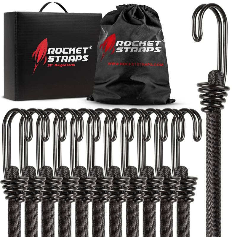 Rocket Straps - Ultimatives Bungee-Seil-Sortiment für den Außenbereich – Robustes Set mit 12 Bungee-Seilen (182,9 cm) Doppel-J-Haken – elastische Gurte für Camping, Sicherung und Heimwerker und von Rocket Straps