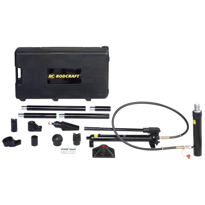 Rodcraft HRS04 Werkzeug-Set: Vollhydraulischer Richtsatz, Kapazität 4 Tonnen, 17-teiliges Set, im Kunststoffkoffer, 2-stufige Handpumpe (700 bar), einfache Montage durch gewindelose Verbindungen von Rodcraft