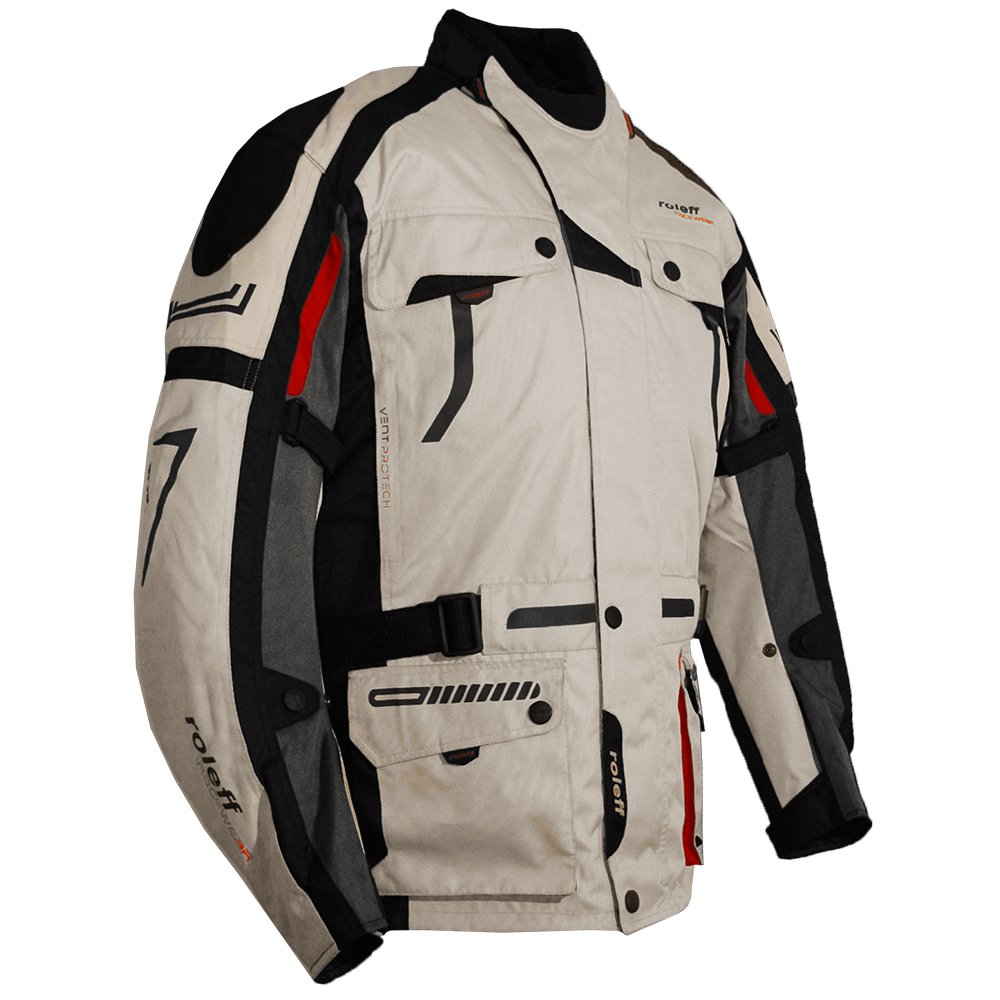 Helle Motorradjacke mit Protektoren, Belüftungssystem, Klimamembrane und herausnehmbarem Thermofutter von Roleff Racewear von Roleff Racewear