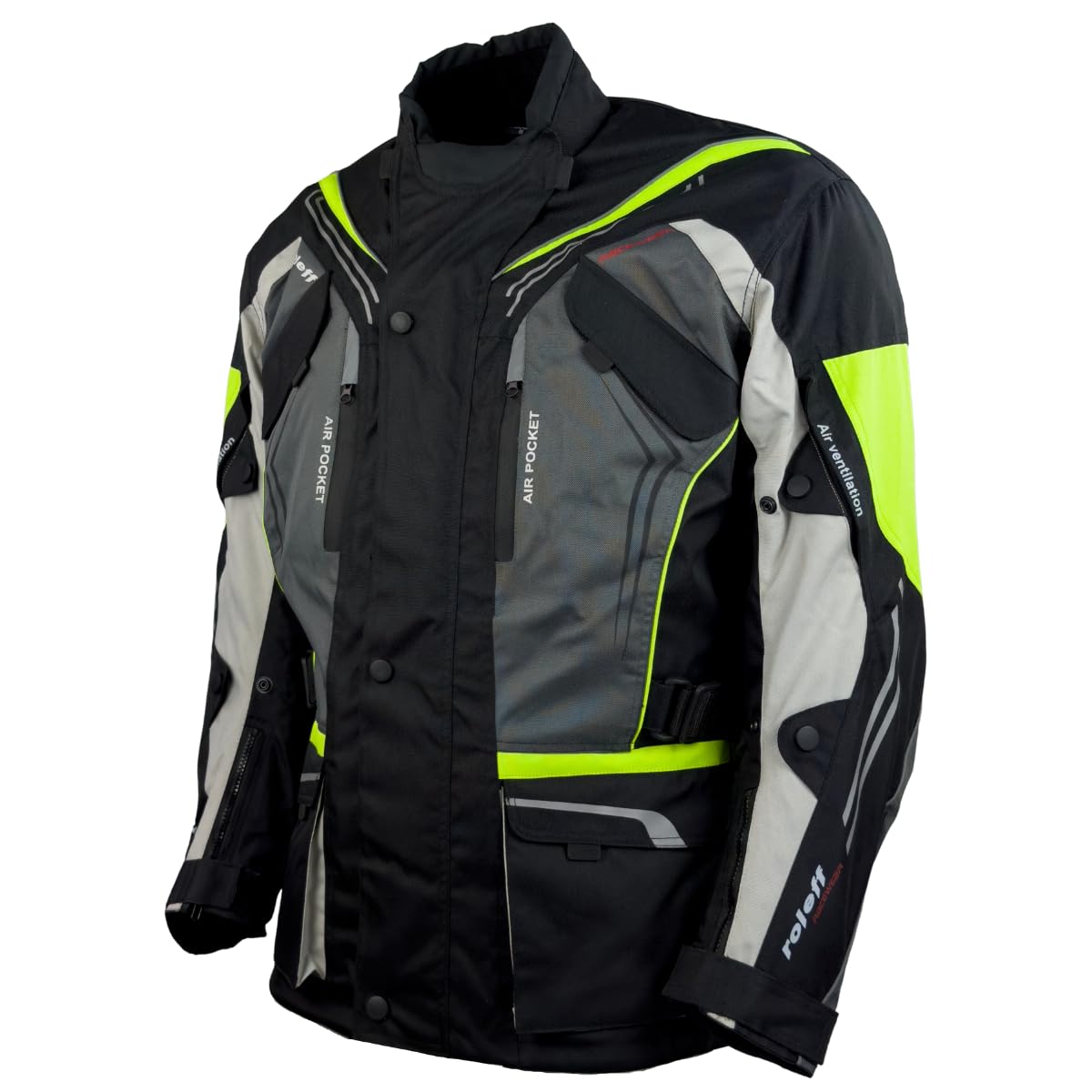 Roleff Schwarz-graue Motorradjacke mit neon-gelben Elementen, Protektoren, Belüftungssystem, Klimamembrane und herausnehmbarem Thermofutter Roleff Schwarz-graue Motorradjacke mit neon-gelben Elementen, Protektoren, Belüftungssystem, Klimamembrane und herausnehmbarem Thermofutter von Roleff Racewear