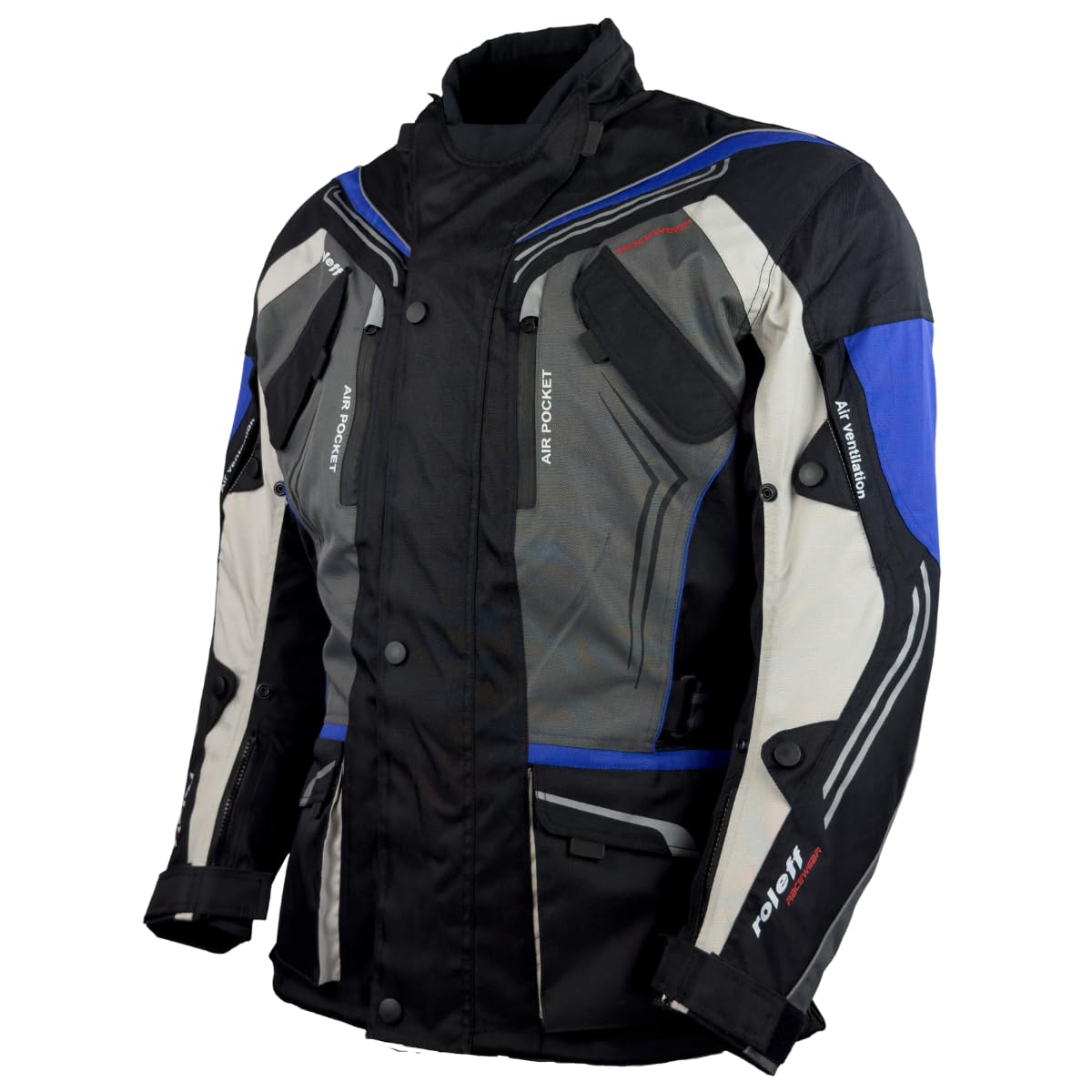 Motorradjacke schwarz-grau-blau mit Protektoren, Belüftungssystem, Klimamembrane und herausnehmbarem Thermofutter von Roleff