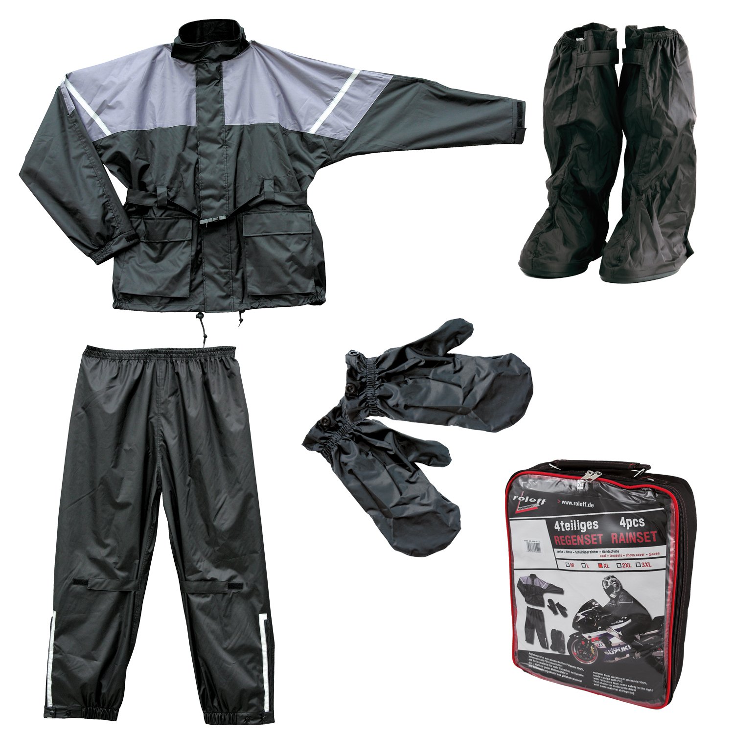 Roleff Racewear Regenjacke und Regenhose, 4-teilig, Schwarz/Grau, XXXL von Roleff