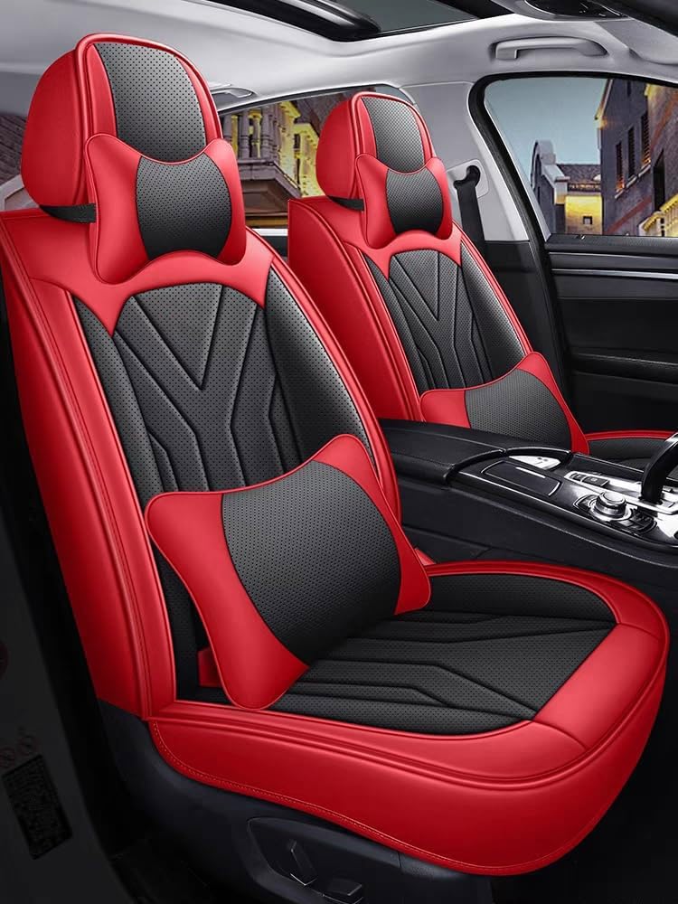 Romanbin Leder Fahrzeugsitzbezüge, Auto-Sitzbezüge, 5 Sitze Allgemein, für Audi Q7 SQ7,Rot-Schwarz Autositzbezug CT09 von Romanbin