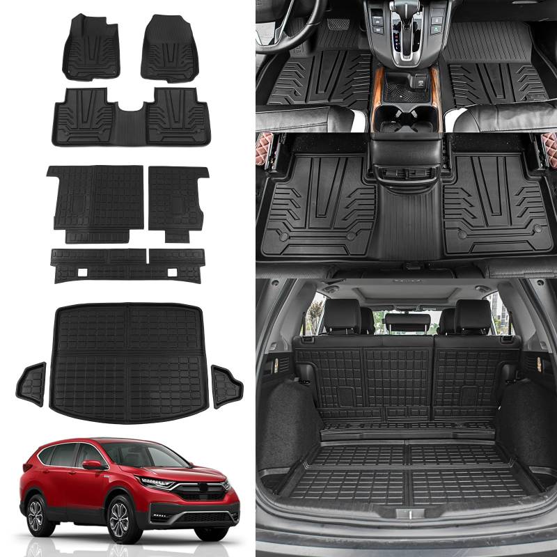 Rongtaod Fit 2017–2022 Honda CRV Fußmatten Cargo Liner TPE Allwetter Kofferraummatten Rücksitzbezug Rückenlehnenmatten 2021 CR-V Zubehör (Kofferraummatten + Rückenlehnenmatten + Bodenmatten) von Rongtaod