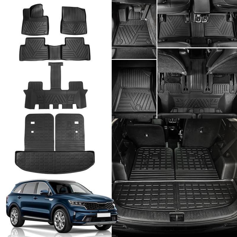 Rongtaod Fußmatten Kompatibel mit 2021-2024 Kia Sorento 6&7 Sitze Cargo Liner Kofferraummatte Rücksitzbezug Schutz 2023 Sorento Zubehör (Kofferraummatte mit Rückenlehnenmatte+Fußmatten) von Rongtaod
