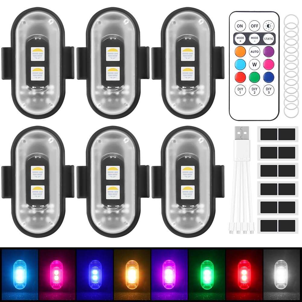 6 Stück Auto Fernbedienung Blitzlicht, 8 Farben Drahtloses LED-Blitzlicht mit hoher Helligkeit, LED-Flugzeug-Blitzlicht und USB-Aufladung für Auto, Drohne, LKW, Motorrad, Fahrrad 6 Stück Auto Fernbedienung Blitzlicht, 8 Farben Drahtloses LED-Blitzlicht mit hoher Helligkeit, LED-Flugzeug-Blitzlicht und USB-Aufladung für Auto, Drohne, LKW, Motorrad, Fahrrad von Rppiup