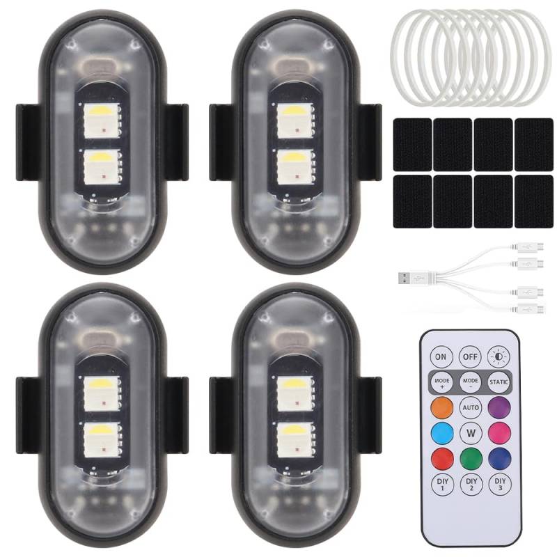 4 Stück Auto Fernbedienung Blitzlicht, 8 Farben Drahtloses LED-Blitzlicht mit hoher Helligkeit, LED-Flugzeug-Blitzlicht und USB-Aufladung für Auto, Drohne, LKW, Motorrad, Fahrrad von Rppiup