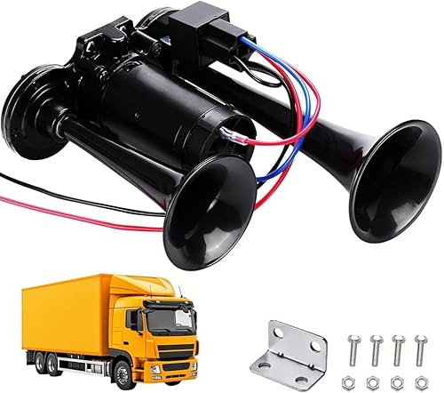 Rppiup LWK Hupe 12V, 600DB Super Laut Air Horn, Doppelrohr Lufthorn Train Horn mit Kompressor, Lufthorn Drucklufthorn Laute Hupe Kit, für 12V Fahrzeuge LKW Lörries Züge Boote Cars Vans, Schwarz von Rppiup