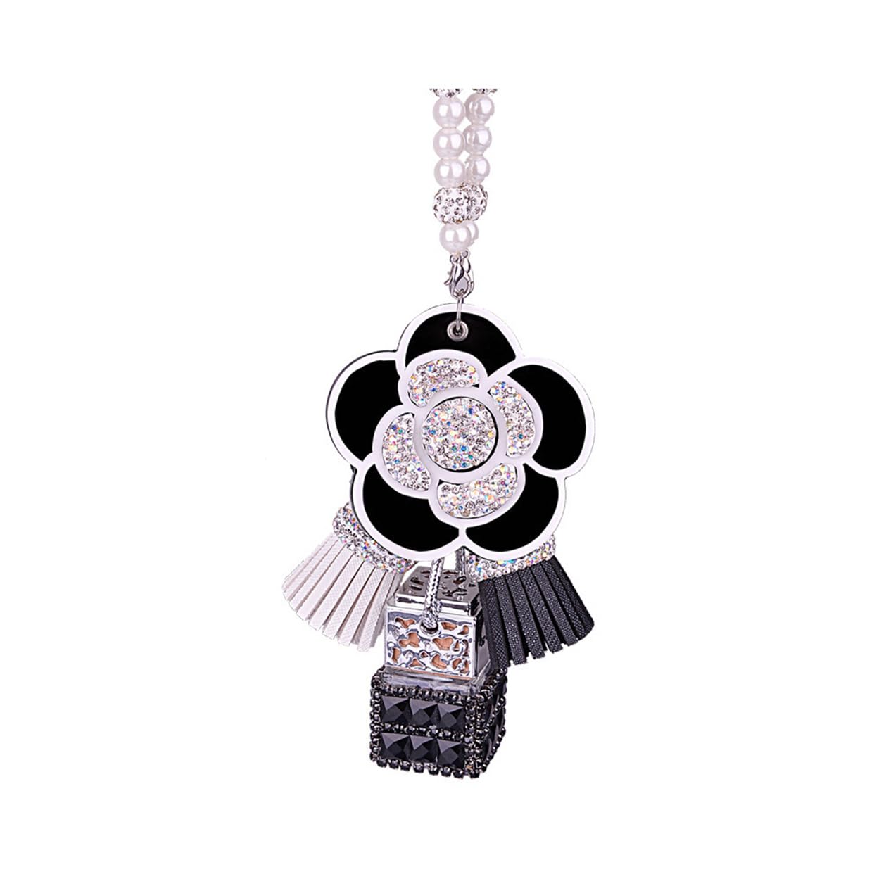 Auto Anhänger Ornamente Auto Parfüm Anhänger Ornament Strass Kamelie Blume Auto Rückspiegel Anhänger, schwarz von Ruberpig