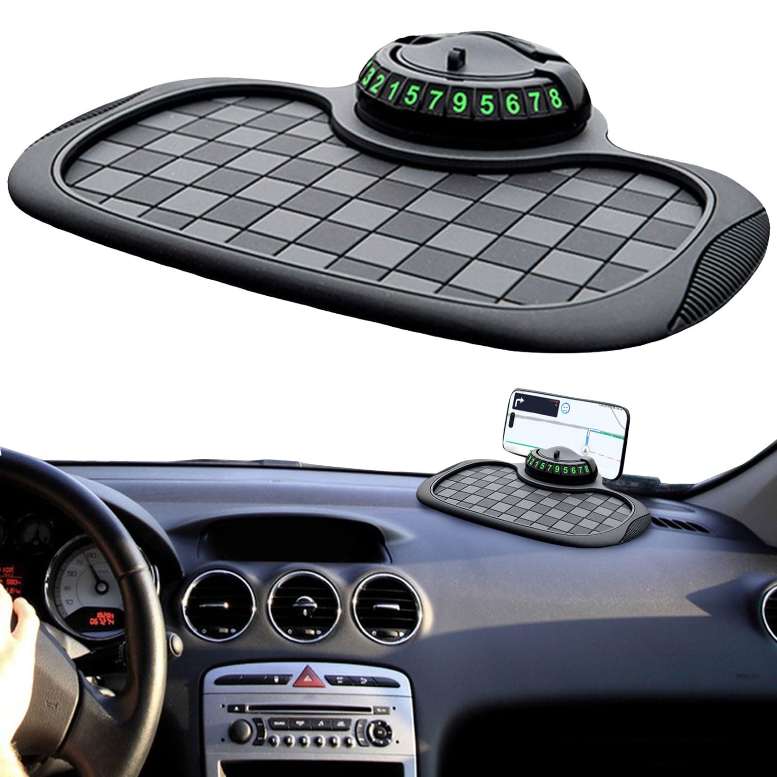 Multifunction Car Anti-Slip Mat Auto Universal Phone Holder, Antirutschmatte Auto Handyhalterung mit Parknummer für Handy, Schlüssel, 360° Drehbar Anti-Rutsch-Armaturenbrett Matte (Schwarz) von Rubu22a