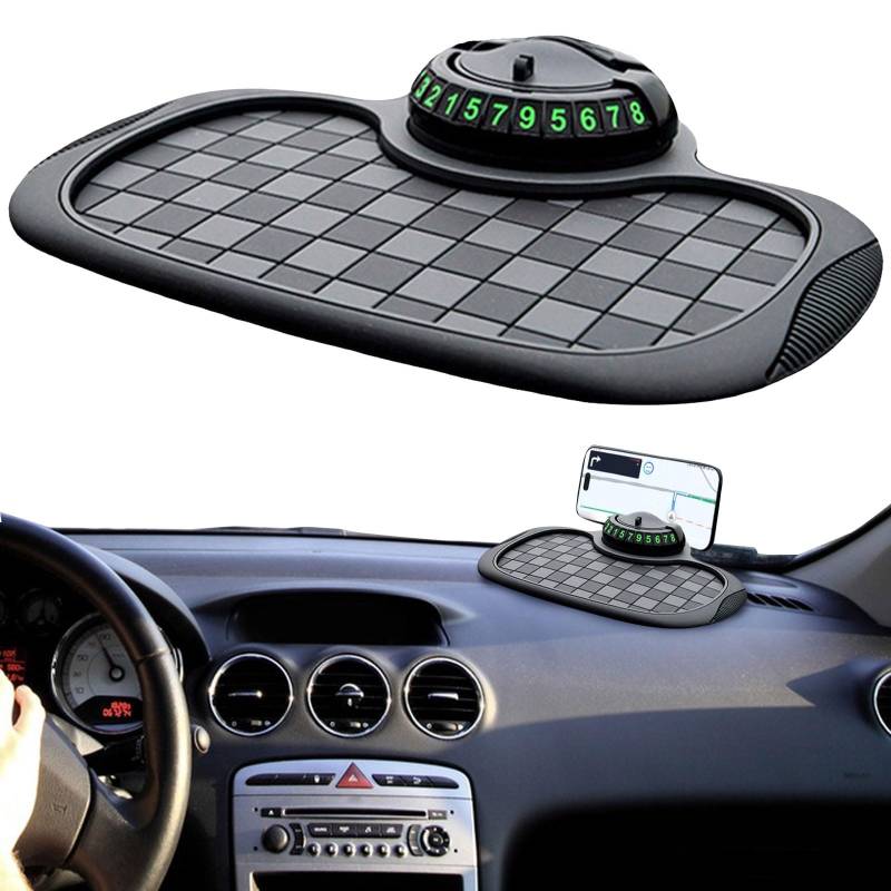Multifunction Car Anti-Slip Mat Auto Universal Phone Holder, Antirutschmatte Auto Handyhalterung mit Parknummer für Handy, Schlüssel, 360° Drehbar Anti-Rutsch-Armaturenbrett Matte (Schwarz) von Rubu22a