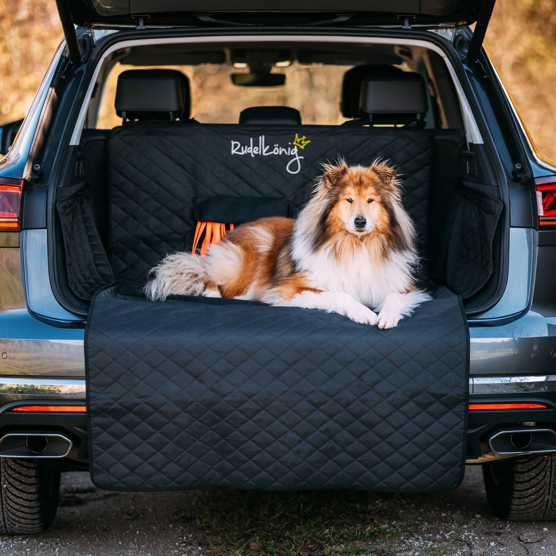 Rudelkönig Kofferraumschutz mit Ladekantenschutz - Wasserabweisend & Pflegeleicht - Gesteppte Hundedecke mit Aufbewahrungstasche - Universale Auto Schutzmatte für Hunde von Rudelkönig