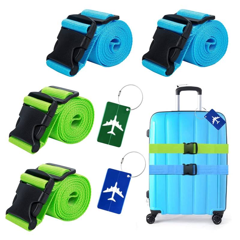Koffergurt Kofferband 4 Stück Kofferband Gurt Einstellbare Gepäckgurt Gepäckband Koffer Luggage Strap mit 2 Kofferanhänger Flugreise für Tasche Sicher Koffergürtel von Ruikdly