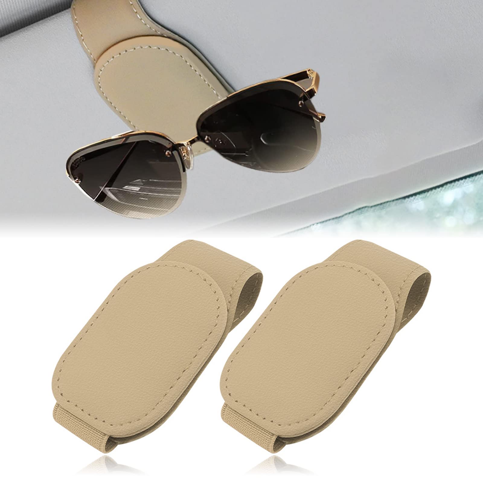 Ruikdly Brillenhalter für Auto 2 Stück Sonnenbrillen Halterung für Auto Ticket Karten Clip Brillen Halterung Aufhänger Leder Brillenhalter Sonnenbrillenhalter Auto für Auto (Beige) von Ruikdly