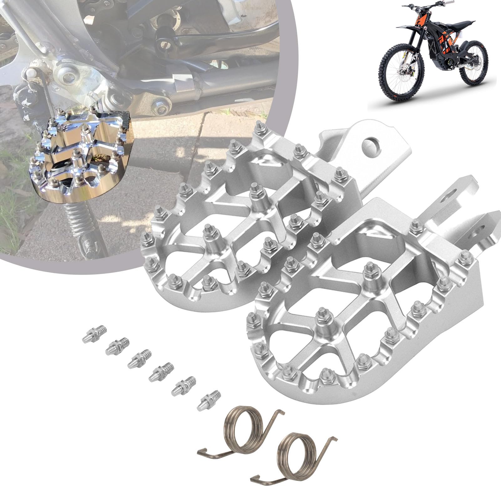 Dirt Bike Fußrasten, Motorrad CNC Aluminiumlegierung Breite Fußrasten Mit Federn für Sur Ron Light Bee Elektrofahrrad CRF150F CRF230F 2003-2019 Silber Dirt Bike Fußrasten, Motorrad CNC Aluminiumlegierung Breite Fußrasten Mit Federn für Sur Ron Light Bee Elektrofahrrad CRF150F CRF230F 2003-2019 Silber von Runfarr