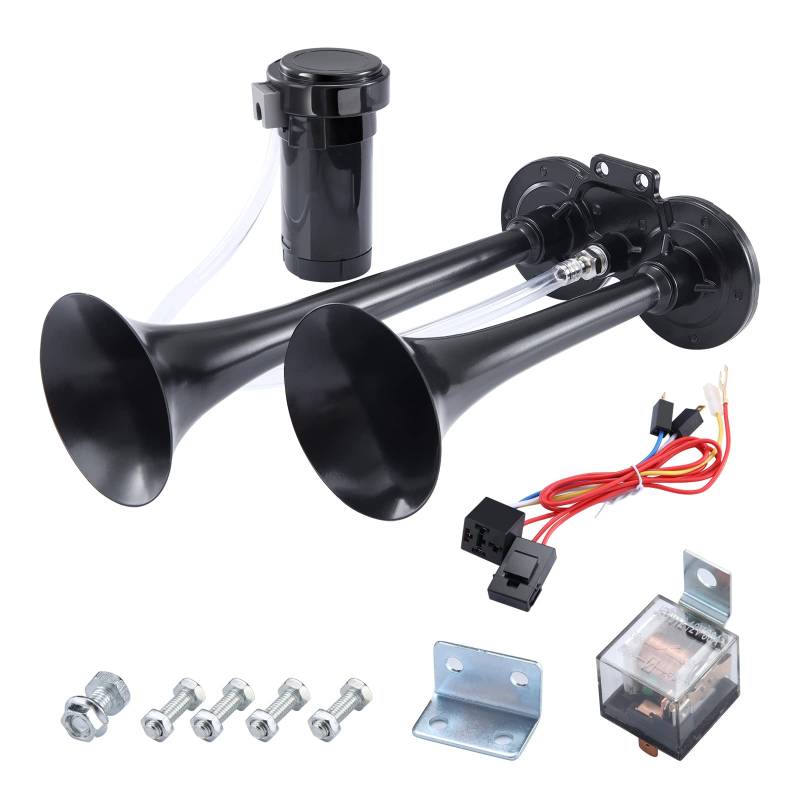 Rupse Hupe Luft Horn, Lufthorn Drucklufthorn auto Horn mit Kompressor 12V für PKW LKW Booten Motorrädern (Schwarz Doppelrohr) von Rupse