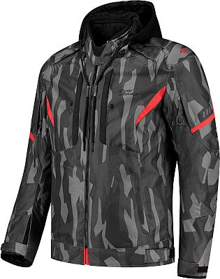 Rusty Stitches Dylan Camo, Textiljacke wasserdicht - Dunkelgrau/Hellgrau/Rot - 4XL von Rusty Stitches
