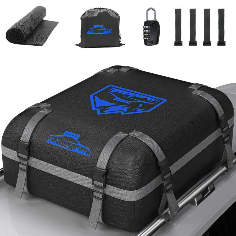Rymopuey Dachbox Faltbar 15Cubic/425L, 1000D Wasserdicht Oxford Dachbox Auto, Faltbar Dachbox mit Anti-Rutsch-Matte und 8 Schwerlastgurten, Faltbare Weich Dachtasche für Autos mit/ohne Gepäckträger von Rymopuey