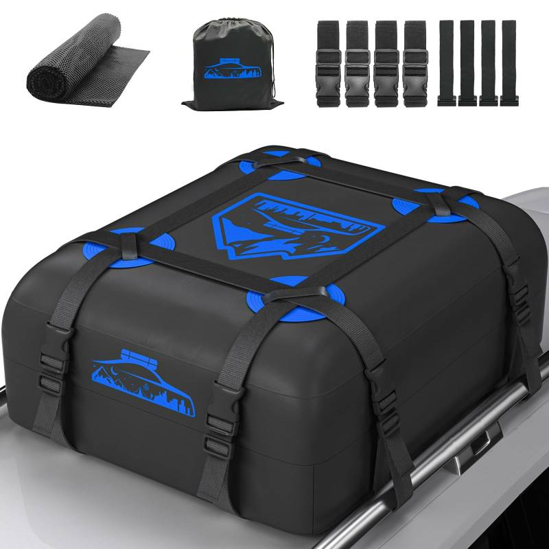Rymopuey Dachbox Faltbar 15 Cubic/425 L, 700D Wasserdicht Dachbox Auto, Dachbox mit Anti-Rutsch-Matte und 6 Schwerlastgurten, Faltbare Weich Dachtasche Auto für Autos mit/ohne Gepäckträger(Blau) von Rymopuey