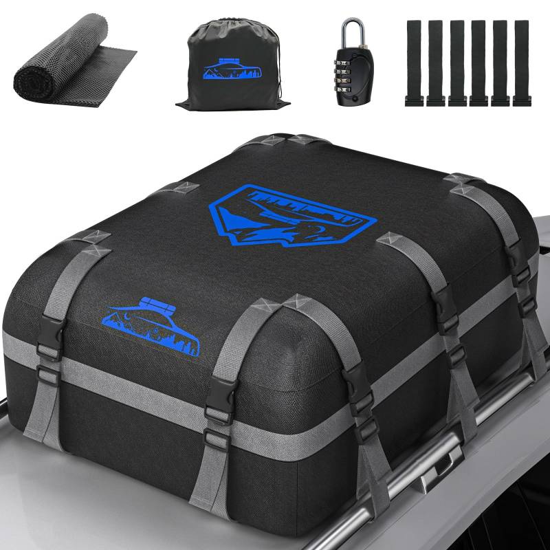 Rymopuey Dachbox Faltbar 20 Cubic/566 L, 1000D Wasserdicht Oxford Dachbox Auto, Dachbox mit Anti-Rutsch-Matte und 10 Schwerlastgurten, Faltbare Weich Dachtasche Auto für Autos mit/ohne Gepäckträger von Rymopuey