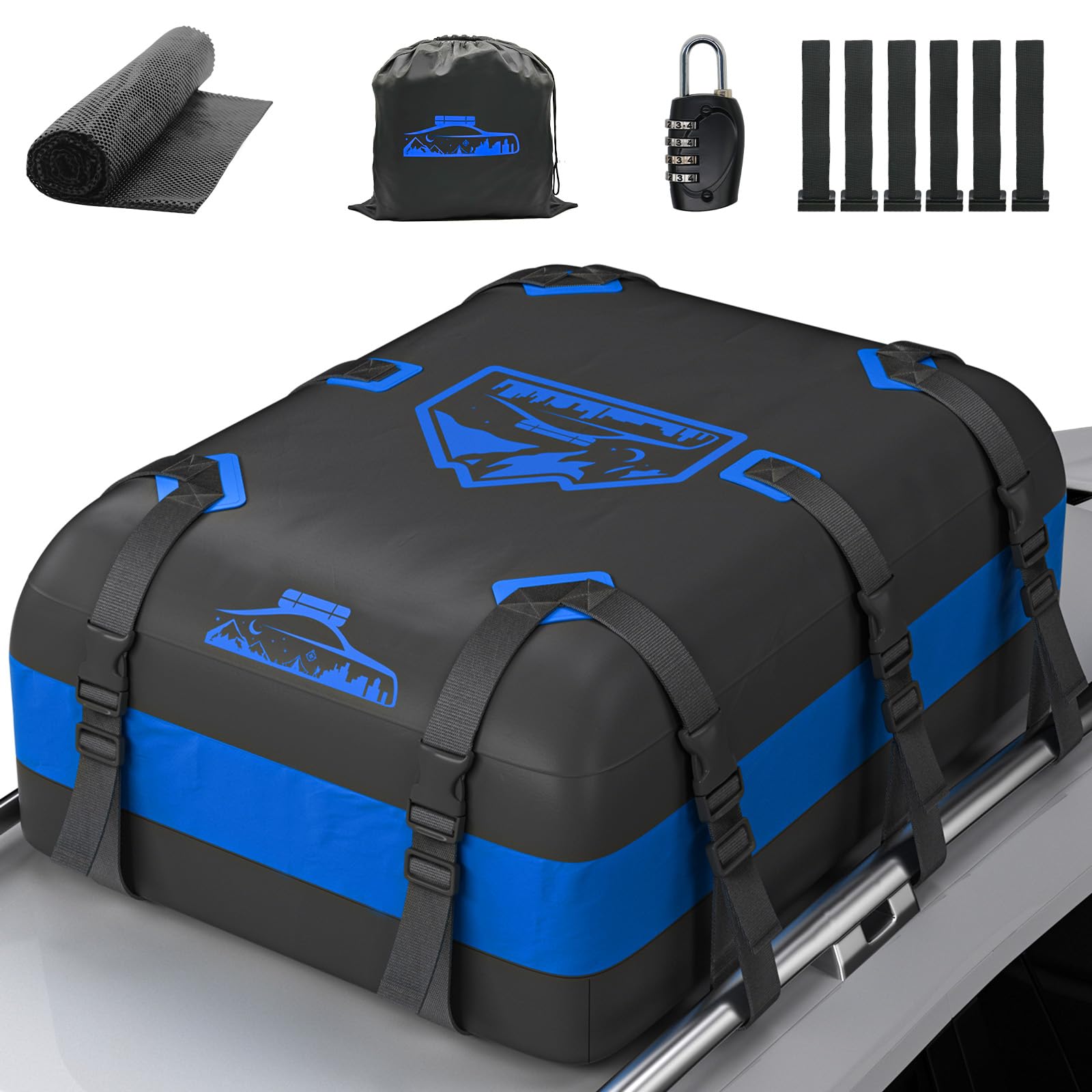 Rymopuey Dachbox Faltbar 20 Cubic/566 L, 700D Wasserdicht Dachbox Auto, Dachbox mit Anti-Rutsch-Matte und 10 Schwerlastgurten, Faltbare Weich Dachtasche Auto für Autos mit/ohne Gepäckträger(Blau) von Rymopuey