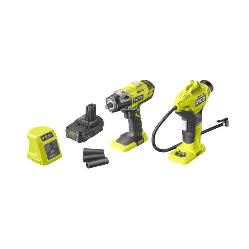 Ryobi 18V ONE+ Akku-Schlagschrauber Set R18IWPI-115G (inkl. Akku-Schlagschrauber mit 400Nm Drehmoment, Akku-Handkompressor mit 10,3bar max. Druck, 1x 1,5Ah Akku und Ladegerät) von Ryobi