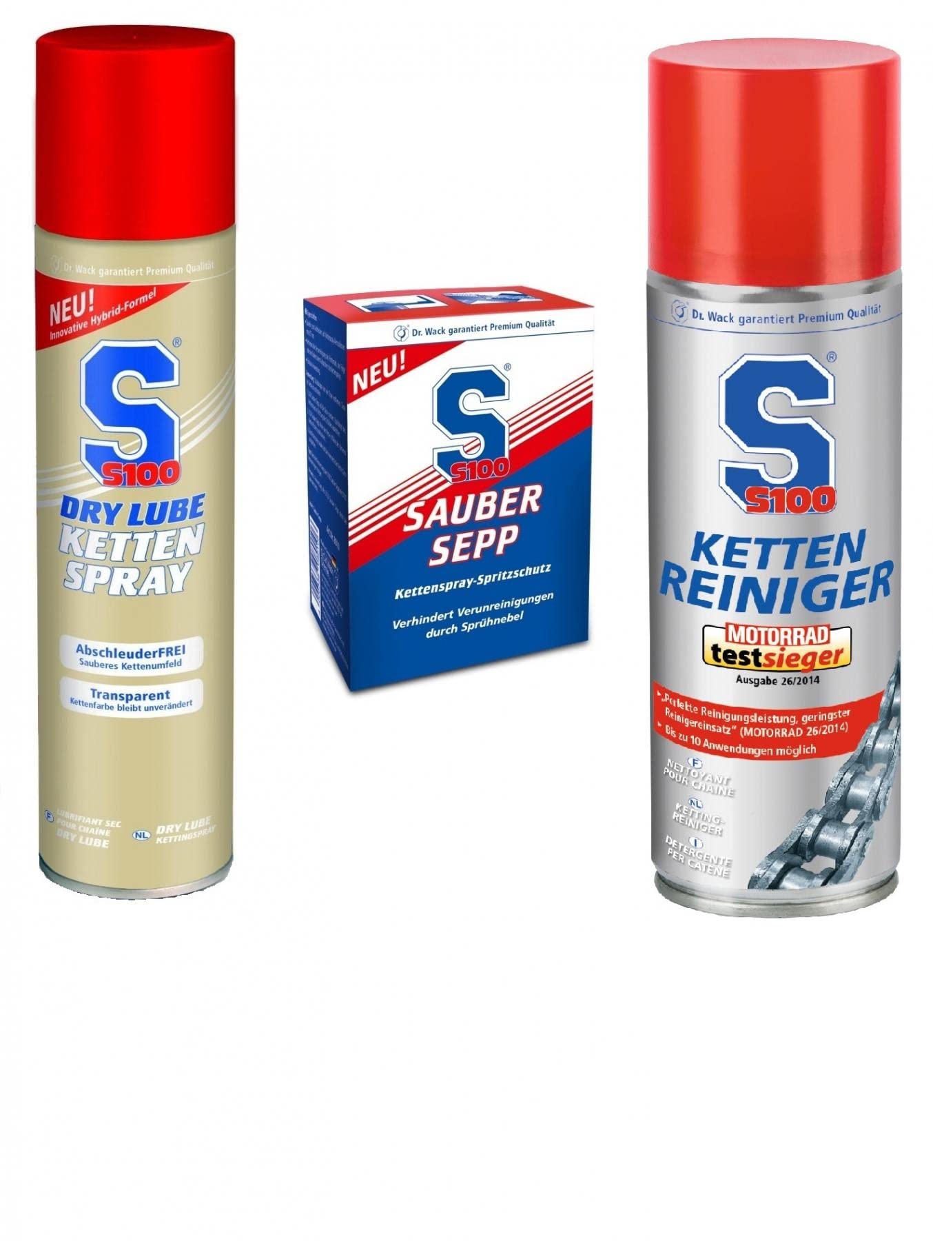 S100 Kettenpflege Set / Kettenspray Dry Lube + Kettenreiniger + Sauber Sepp / Vorteilspack von S100