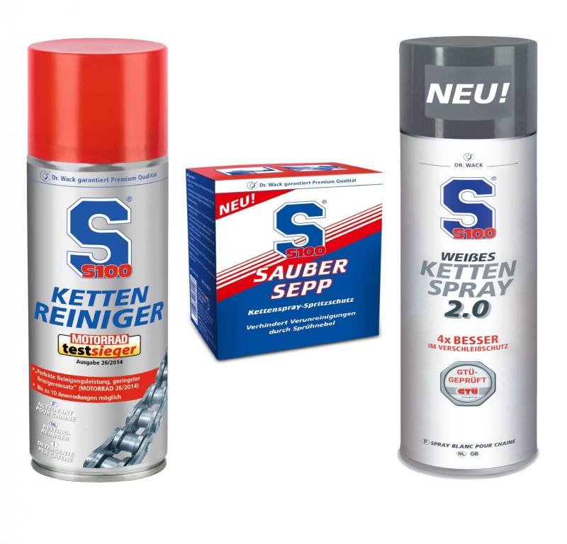 S100 Kettenpflege Set / Kettenspray Weiß + Kettenreiniger + Sauber Sepp / Vorteilspack von S100