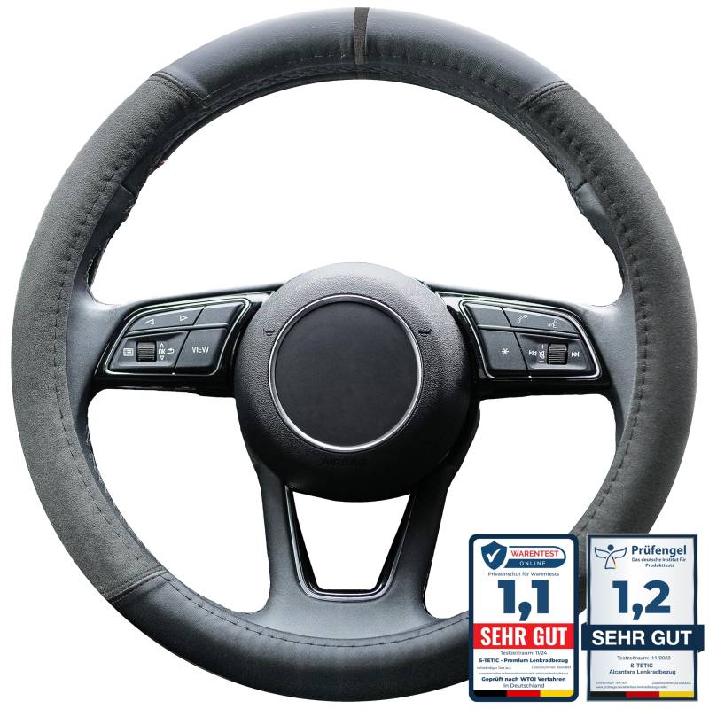 S-TETIC® Premium Lenkradbezug aus Alcantara + Nappaleder | Schwarze 12-Uhr Markierung | Universalgröße 36-38 cm | Lenkradcover | Sommer und Winter von S- TETIC