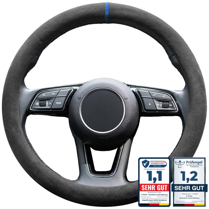S-TETIC® Premium Lenkradbezug aus Alcantara | Blaue 12-Uhr Markierung | Universalgröße 36-38 cm | Lenkradcover | für Sommer und Winter von S- TETIC